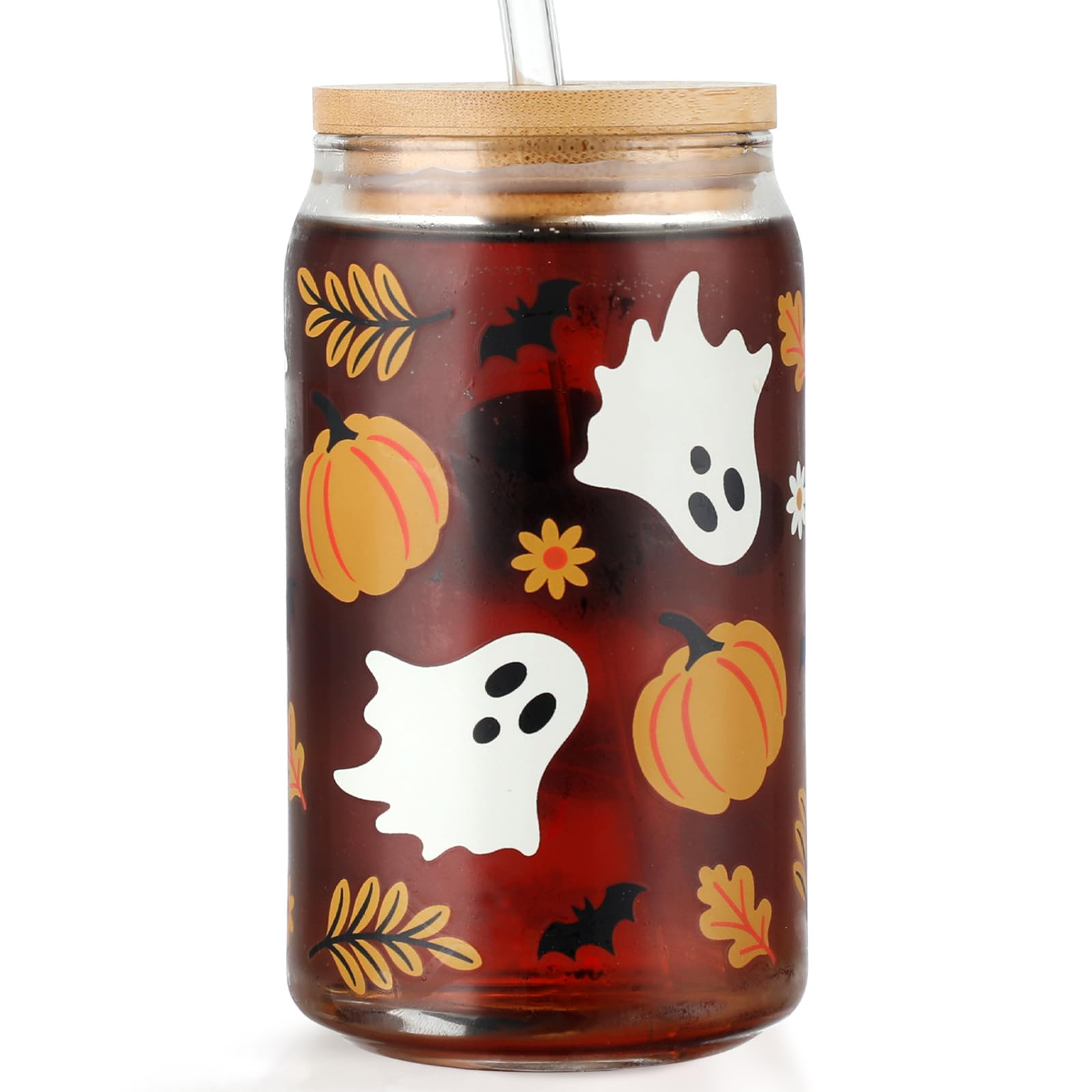 Halloween Glass Cup, 16oz Ghost Iced Coffee Cups with Lids and Straws, Fall Cute Pumpkin Drinking... | Amazon (US)
