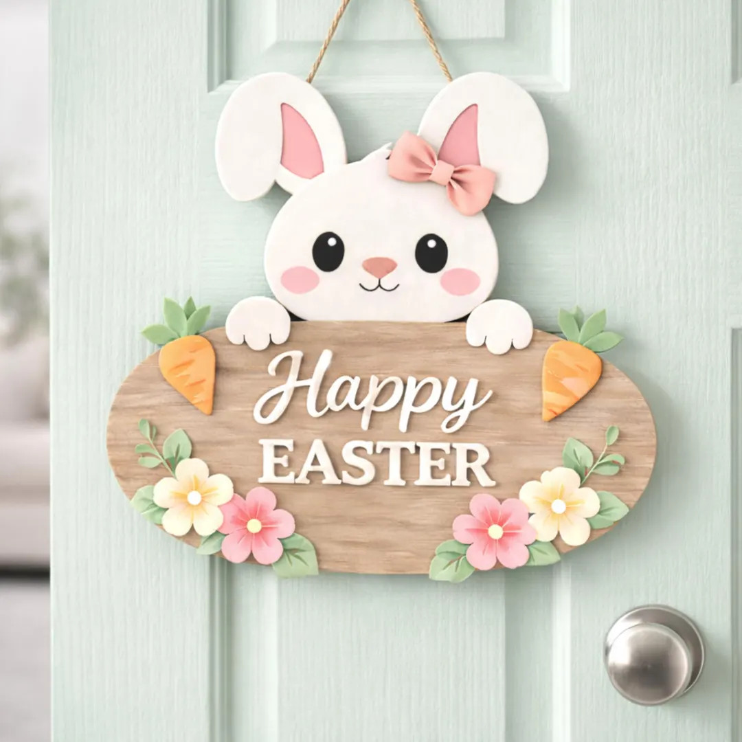 Happy Easter Bunny Door Sign, Easter Wooden Door Hanger, Cute Bunny Spring Decor, Easter Front Do... | Etsy (US)