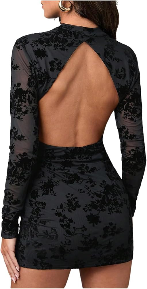 Floerns Women's Floral Print Long Sleeve Mini Dress Mock Neck Backless Bodycon Dress | Amazon (US)