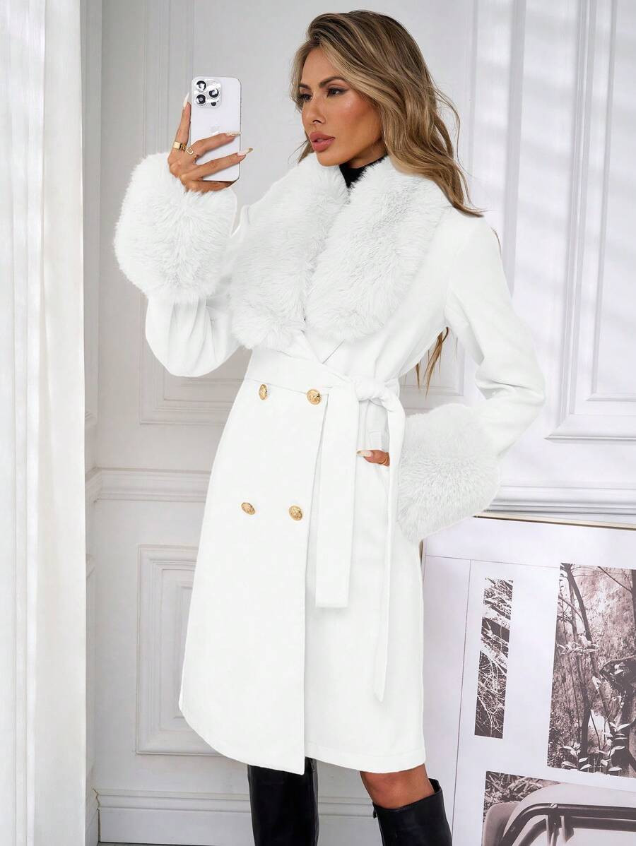 Lavishia Women's Casual Solid Color Fur Collar Double-Breasted Overcoat, Autumn/Winter | SHEIN