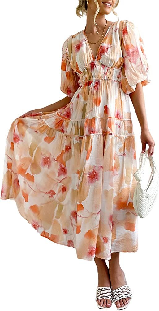 Sissyaki Women's Boho Floral Midi Dress Smocked Beach Flowy Dress | Amazon (US)