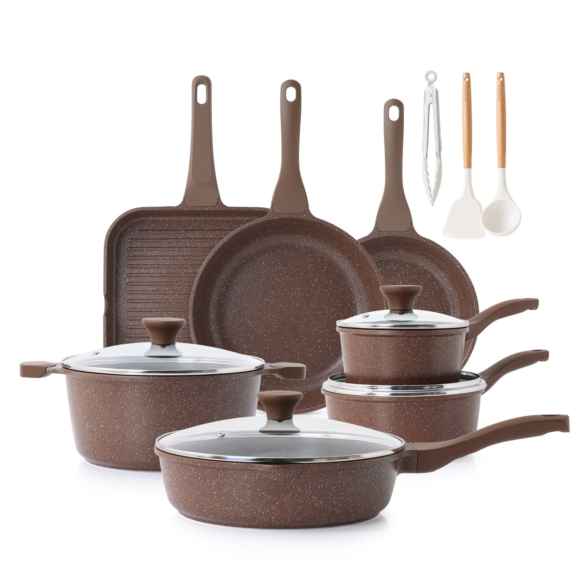 SENSARTE Nonstick Pots and Pans Set, 21 Pieces Non Stick Granite Cookware Set Brown, Induction Ki... | Walmart (US)