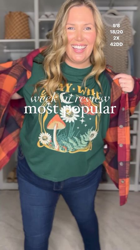 Most popular plus size audience picks from this week! 
1. Maurice’s has the cutest fall clothes! Size up in the flannel, size down or reg size in tee
2. This jumpsuit from Spanx is a DREAM. If you are higher waisted this was made for you!!!!! Runs true to size I am in the 2X. Discount code ASHLEYDXSPANX
3. This fairisle ghost sweater is so comfy and the quality is top notch!!!! True to size, I’m in 2X. Jeans run true, I’m in 18.
4. Walmart dress is a hit! Size down!
5. Madewell straight stovepipe jeans are a dream and fit my apron belly so well!
6. This wrap top from Spanx is incredible!!!! Consider sizing down if you aren’t super busty. The 2x fits me but is a little big.
7. Again, Walmart dress for the win. 1X fits me best! 
8. These Abercrombie trousers are amazing! Size up two if you’re shaped like me. I’m in the 36(22) curve love!
9. This Abercrombie tuckable tee is incredible… like a bodysuit but not! XL. The old navy pants are my favorite I wear them constantly! Xxl 
10. Elton John sweatshirt is so cozy and comfy! 

#LTKplussize #LTKCon #LTKmidsize