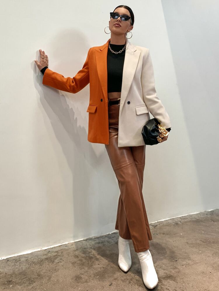 Peak Collar Two Tone Overcoat | SHEIN