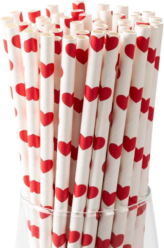 [100 Pack] Valentine Paper Straws, φ0.24''*8.27'' Red Heart Paper Straws for Valentines, Wedding... | Amazon (US)