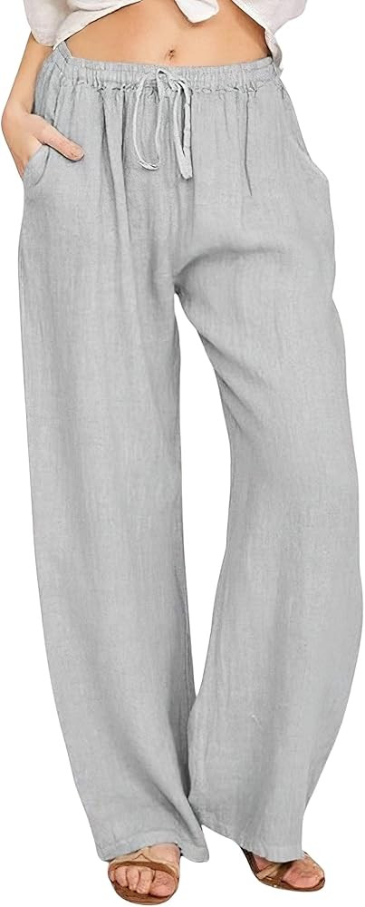 CHARTOU Women's Summer Drawstring Waist Wide Leg Loose Cotton Linen Palazzo Pants | Amazon (US)