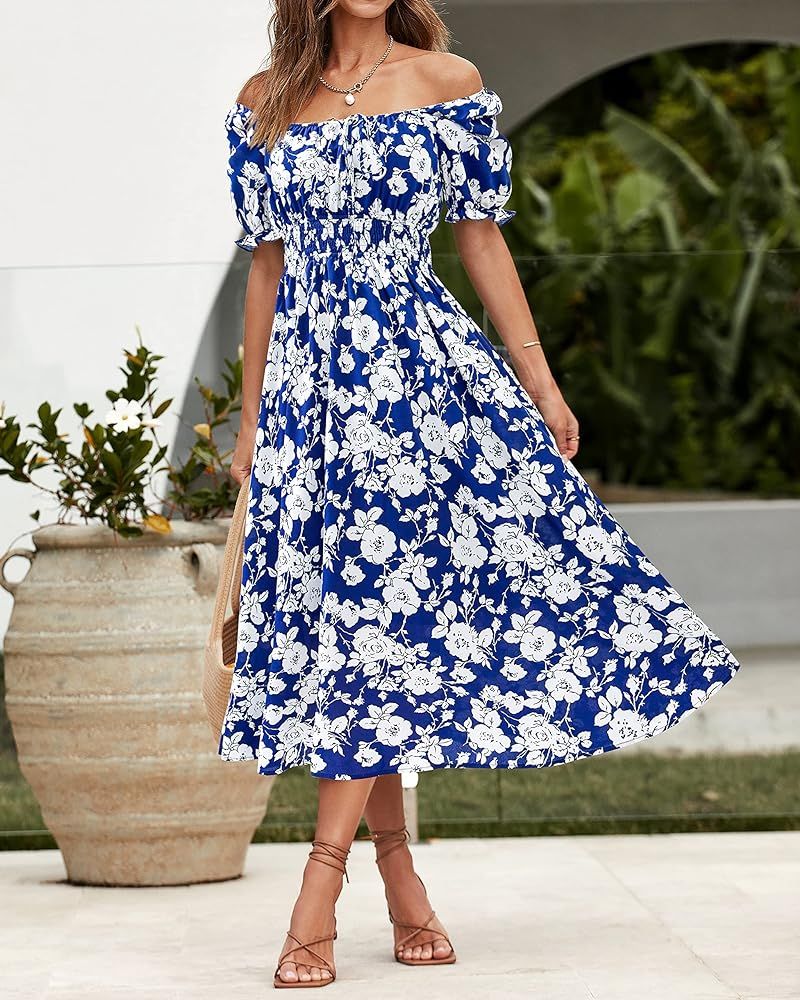 XIONGMEI Women Summer Casual Square Neck Short Sleeve Smocked Waist A-Line Midi Dresses Boho Floral  | Amazon (US)