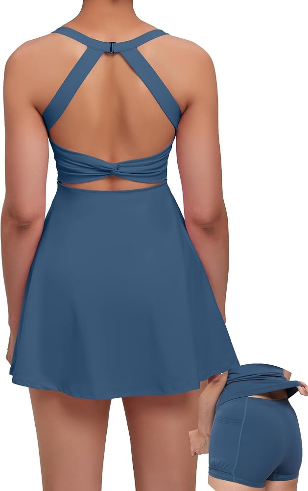 Womens Tennis Golf Dress with open-back waistband Shorts Pockets Workout Athletic Dresses | Amazon (US)