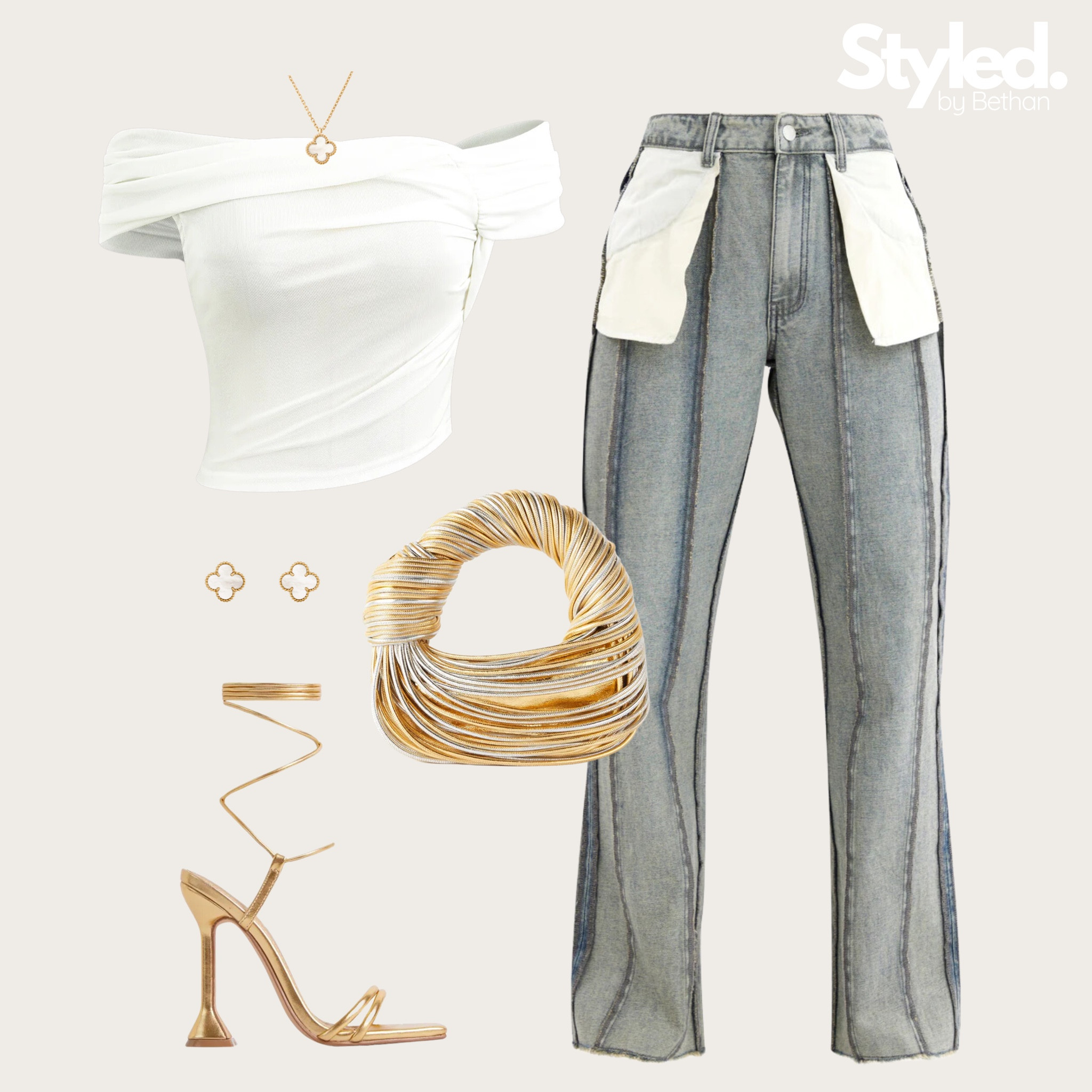 Favourite jeans I own ☺️ tags: pretty little thing jeans, micas white off the shoulder crop top, ego lace up gold heels, van cleef motif earrings and matching necklace, botegga gold bag. 

#LTKshoecrush #LTKstyletip #LTKparties