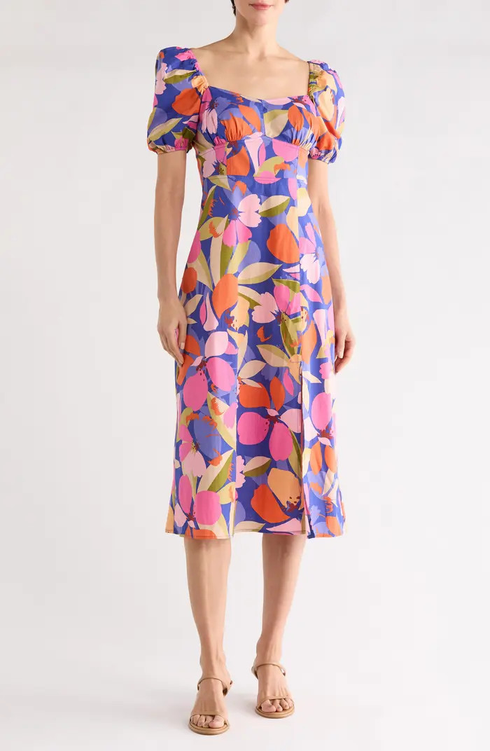 Floral Puff Sleeve A-Line Midi Dress | Nordstrom Rack