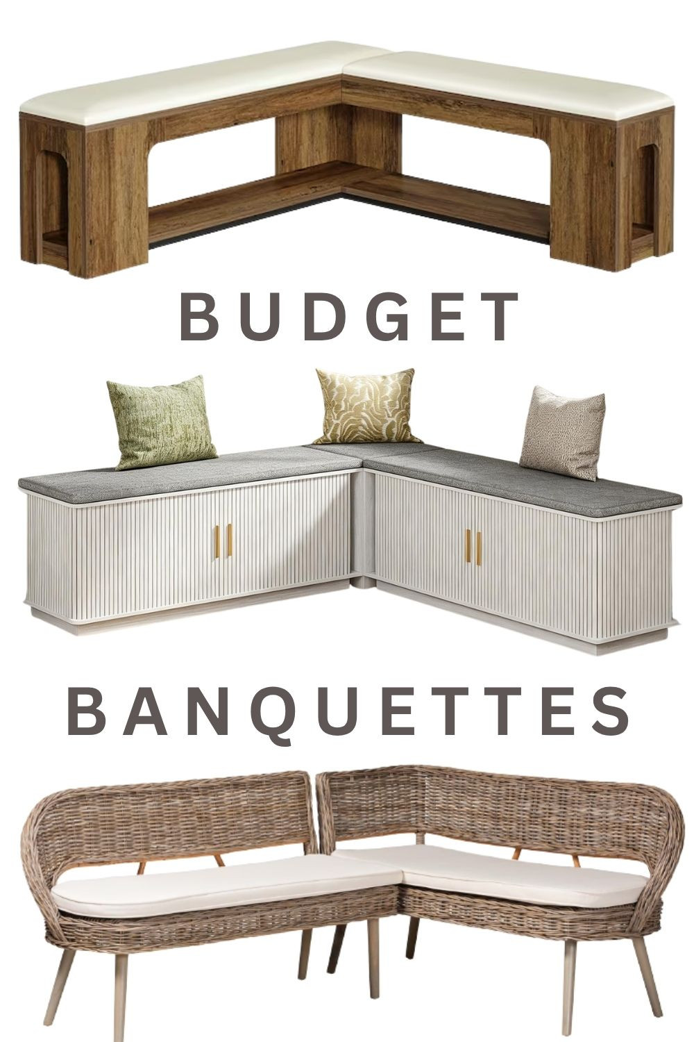 If you're looking for a dining banquette for a small budget, I just discovered these and wanted to share my finds. These look nice - just add pillows to personalize - and the prices are very budget friendly! I love the sculptural look of the first one. The white fluted one is on trend and is available in a nice light wood tone also. The third one is a rattan for any coastal dining corner nook. #diningcornerideas #banquetteseatingdiningroom #banquetteseating 

 #LTKHome