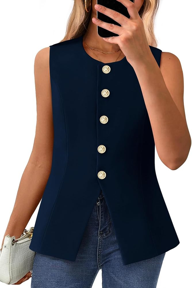 BTFBM Summer Sleeveless Blazer Vest For Women Dressy Button Down Round Neck Business Casual Outfi... | Amazon (US)