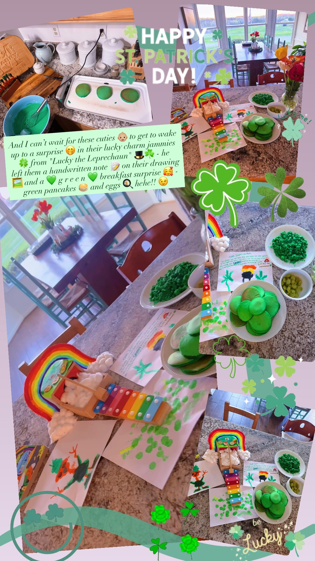 And I can’t wait for these cuties 👶🏼 to get to wake up to a surprise 🤭 in their lucky charm jammies 🍀 from "Lucky the Leprechaun" 🎩☘️ - he left them a handwritten note 📝 on their drawing 🖼️ and a 💚 g r e e n 💚 breakfast surprise 🥰 - green pancakes 🥞 and eggs 🍳 hehe!! 😉