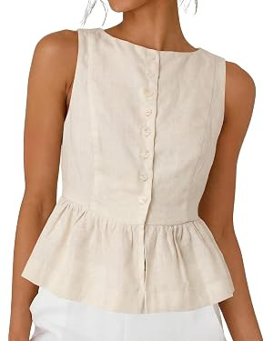 SKIKYAN Women's Linen Tank Tops Sleeveless Peplum Top Button Front Casual Flared Hem Blouse for S... | Amazon (US)