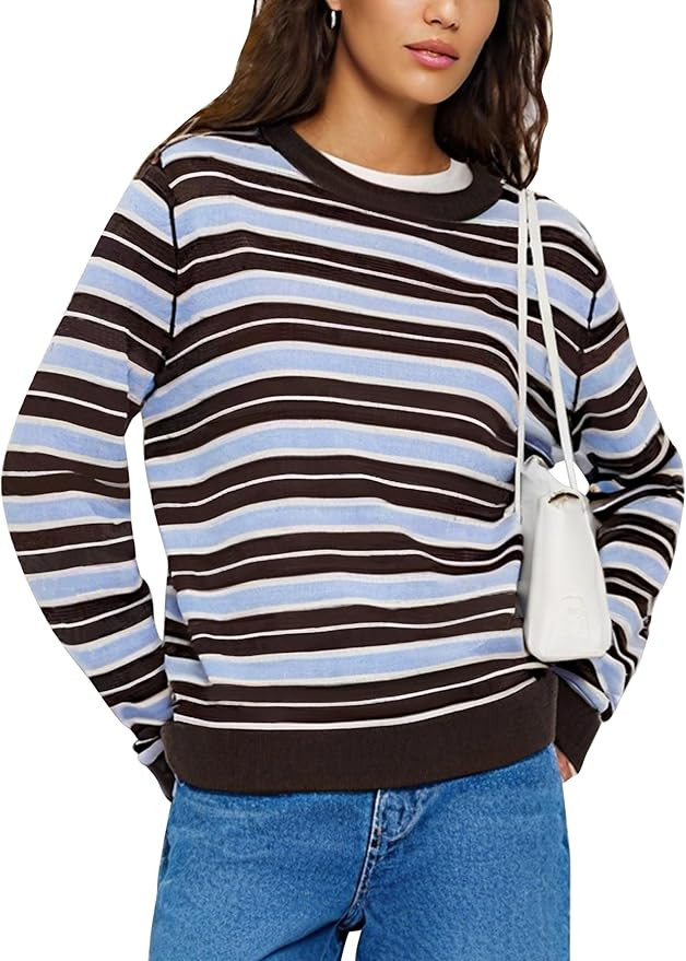 Women's Striped Long Sleeve Knit Sweaters Casual Crewneck Loose Fit Pullover Tops 2025 Fall Fashi... | Amazon (US)