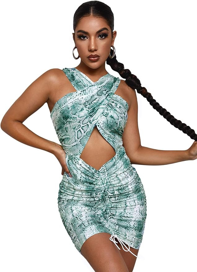Floerns Women's Snakeskin Crisscross Halter Ruched Drawstring Club Party Bodycon Mini Dress | Amazon (US)