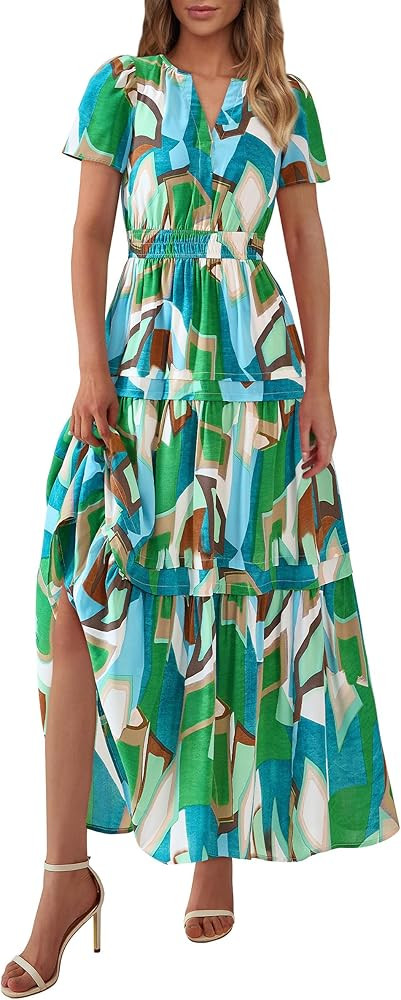 PRETTYGARDEN Women's Summer Boho Maxi Dresses Floral Short Sleeve V Neck A Line Tiered Ruffle Flo... | Amazon (US)