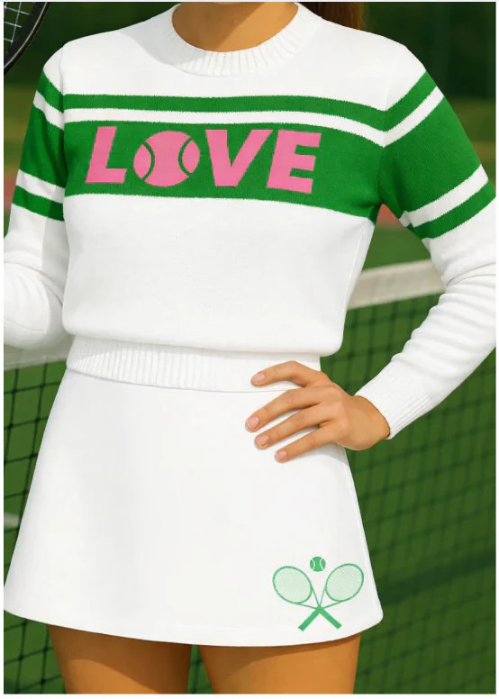 Women's Collegiate White Tennis Sweater with Pink & Green Trim | Runway Athletics | Runway Athletics