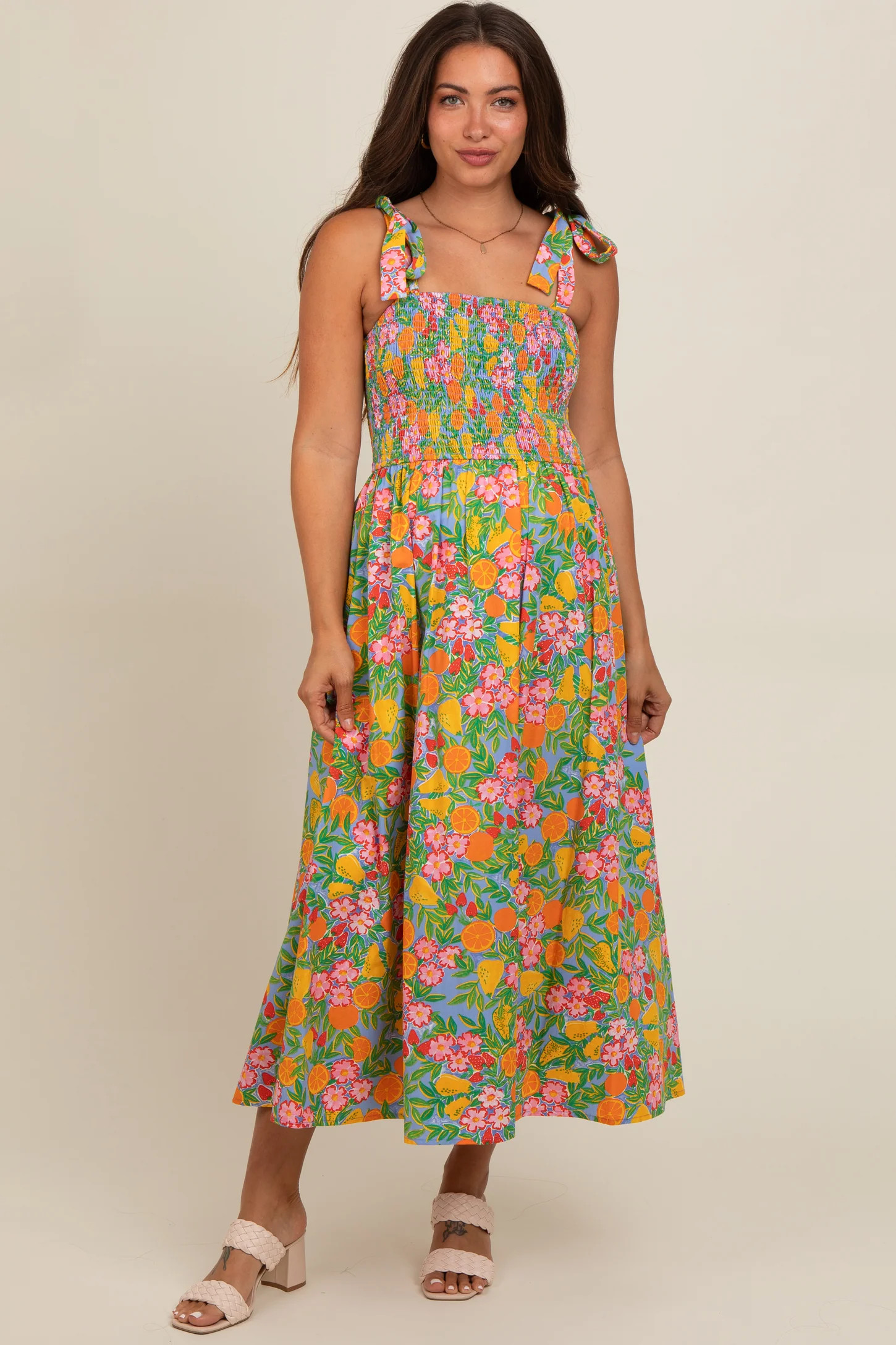 Periwinkle Floral Smocked Shoulder Tie Maternity Maxi Dress | PinkBlush Maternity