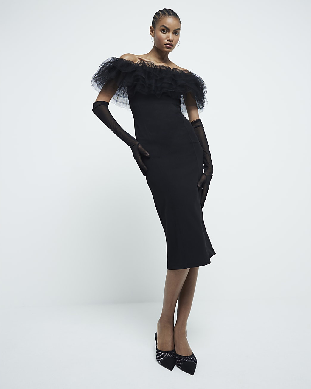 Black 3D Tulle Ruffled Bodycon Midi Dress | River Island UK & IE