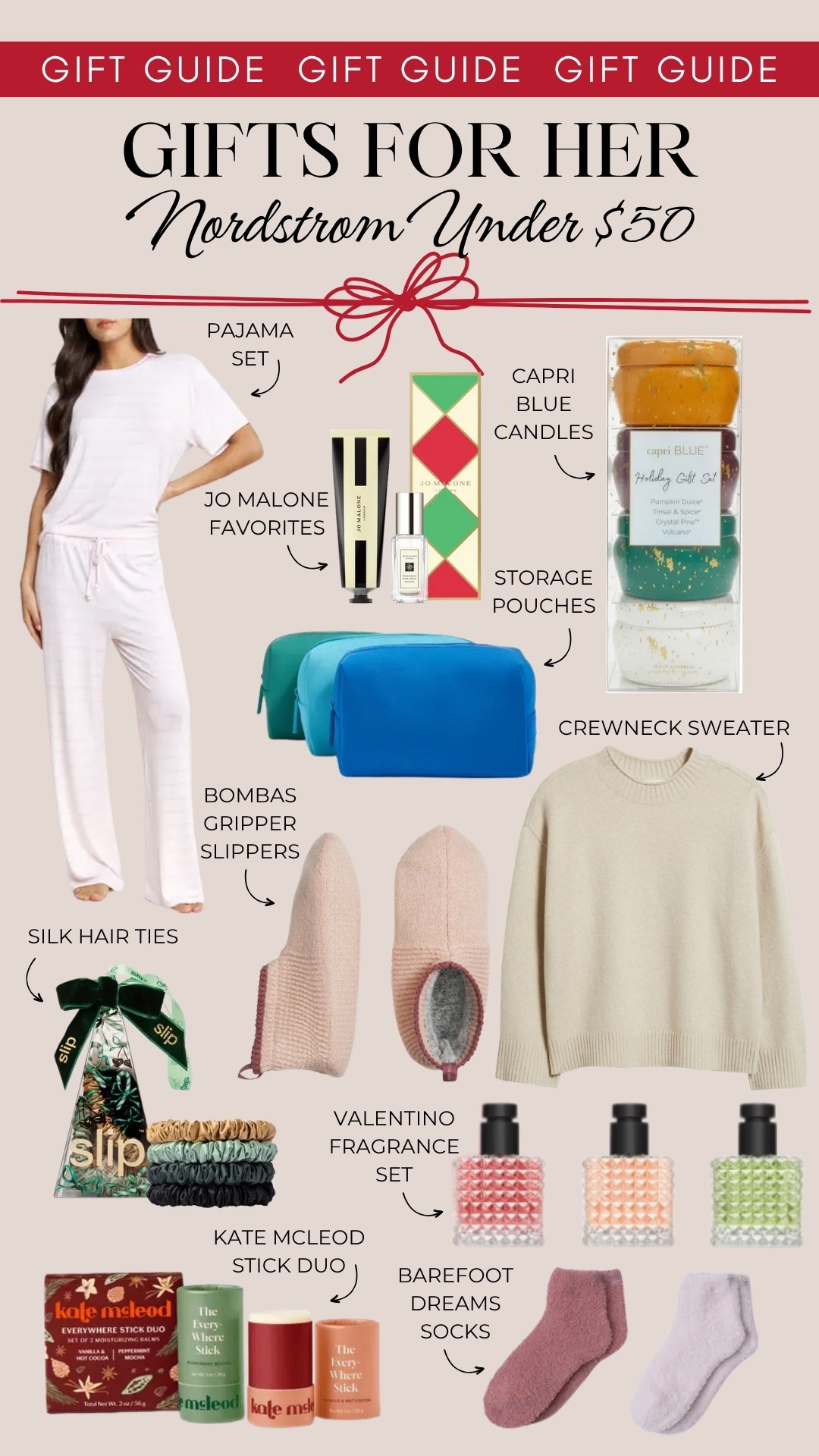 Gifts for her under $50 from Nordstrom include a Honeydew pajama set, Jo Malone fragrance, Capri Blue candles, storage pouches, silk hair ties, Bambas Gripper Slippers, a crewneck sweater, Kate McLeod stick duo, Valentino fragrance set, and Barefoot Dreams socks.

Gifts for her, gifts for mom, gifts for grandma, gifts under 50, gifts under 100

#LTKFindsUnder50 #LTKHoliday #LTKGiftGuide