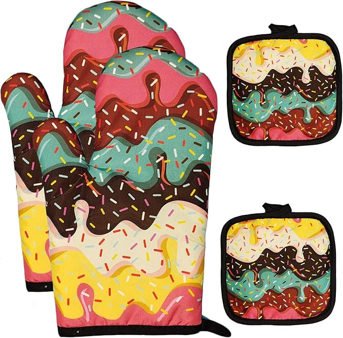 FSTIKO Colorful Rainbow Ice Cream Oven Mitts and Pot Holders Set Soft Cotton Lining Potholder BBQ... | Amazon (US)