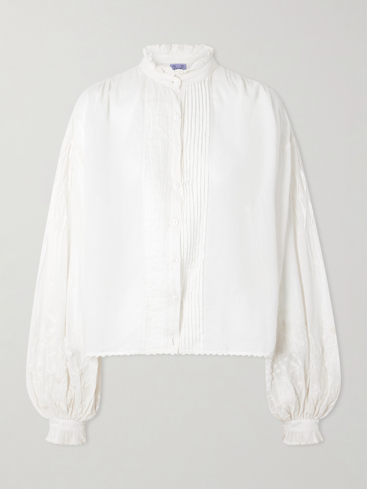 Thierry Colson - Slava Ruched Pleated Embroidered Cotton-voile Shirt - White | NET-A-PORTER (US)