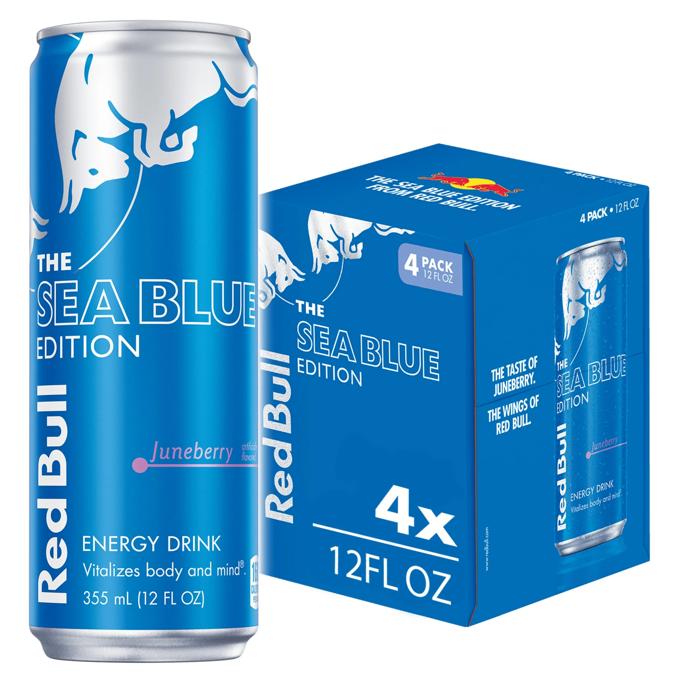 Red Bull Sea Blue Edition Energy Drink, Juneberry, 114mg Caffeine, 12 fl oz, Pack of 4 Cans | Walmart (US)