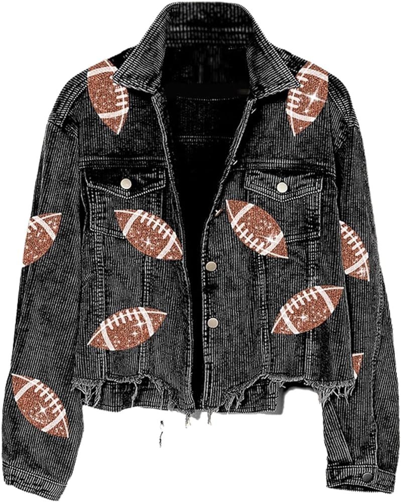 Xunger Women’s Football Corduroy Sequin Jacket Cropped Distresses Rugby Patched Shacket Coat | Amazon (US)