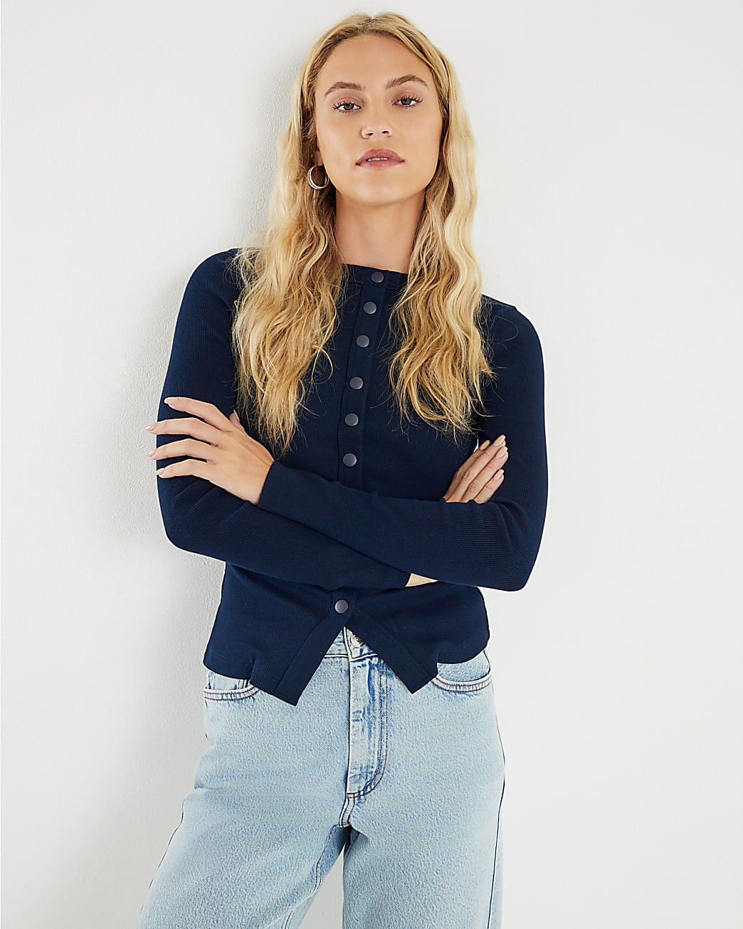 Navy Long Sleeve Popper Through Ribbed Top | River Island UK & IE