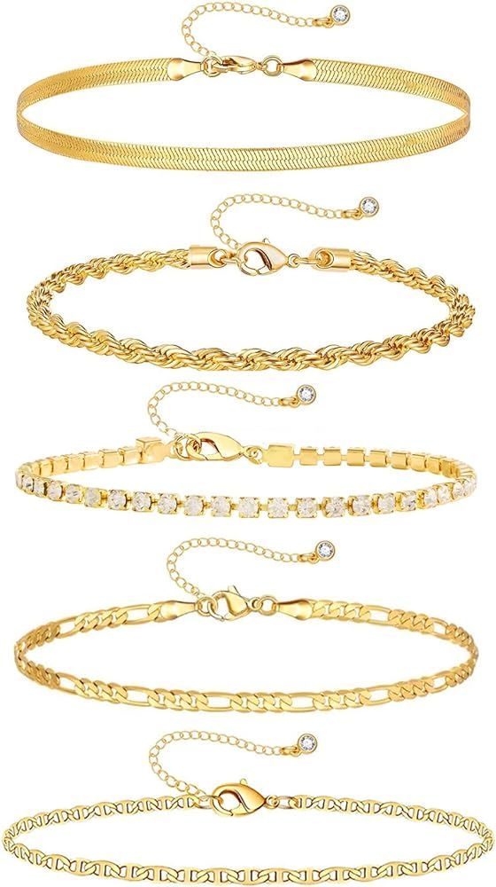 Gold Layered Bracelets for Women - 18K Gold Filled Layered Bracelets Bead CZ Rope Cuban Paperclip... | Amazon (US)