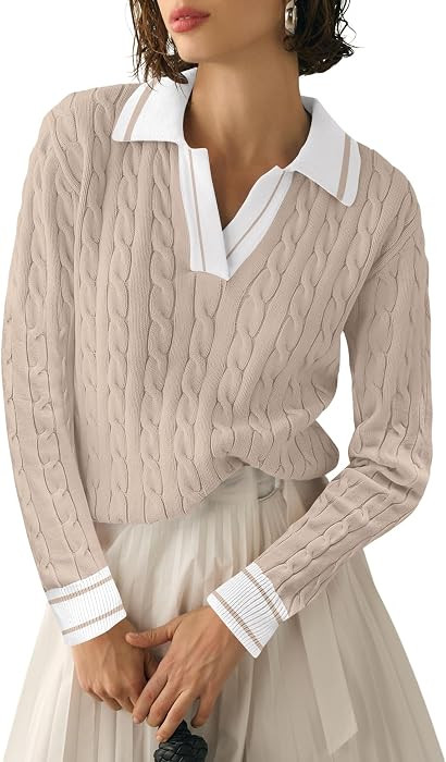 Micoson Womens Fall Long Sleeve Sweaters Lapel V Neck Cable Knitted Pullover Casual Soft Jumper T... | Amazon (US)