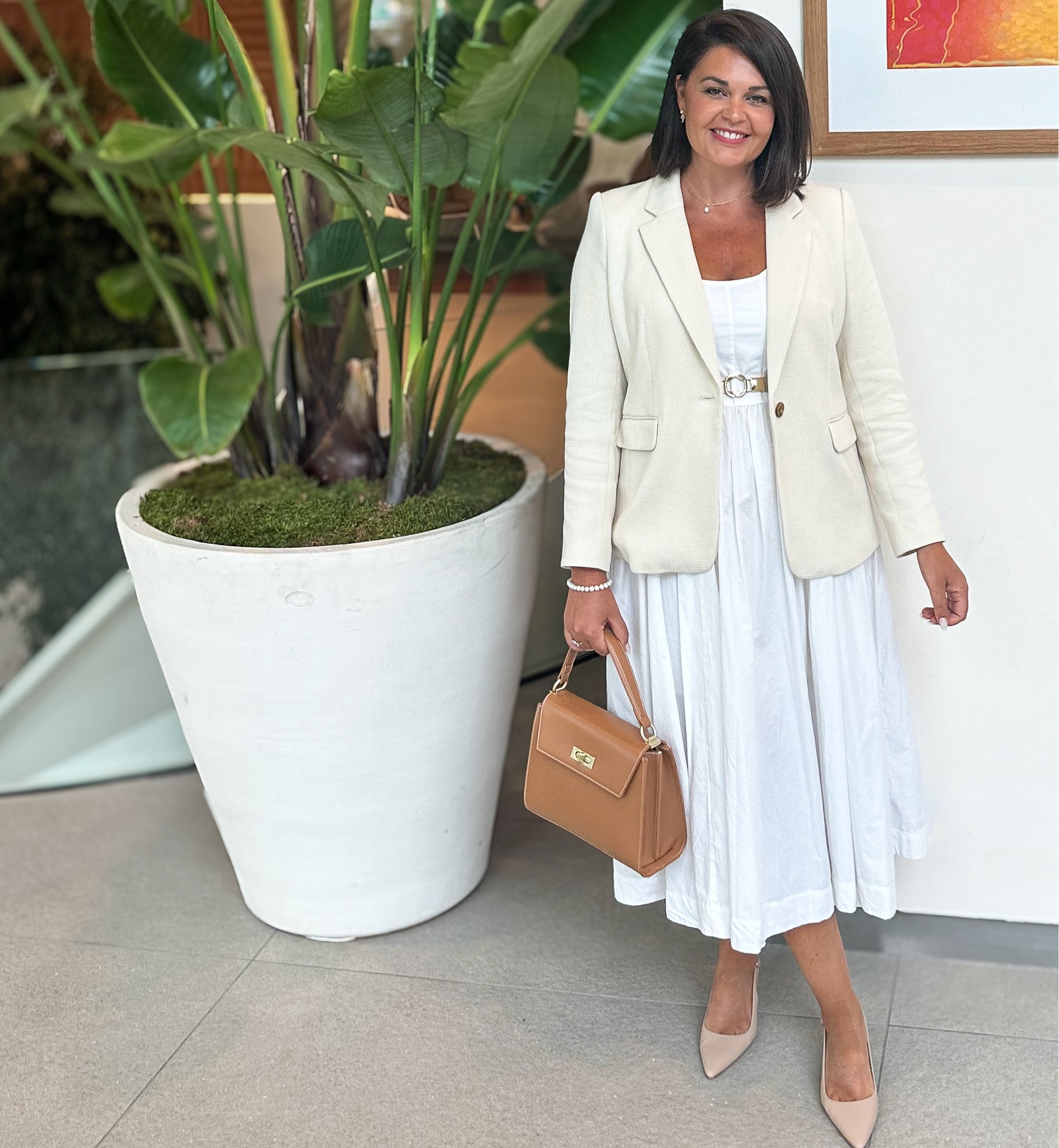 Classic white dress & neutral jacket combo.  Marks and Spencer style. White midi’s dress 

#LTKsummer #LTKmidsize #LTKuk