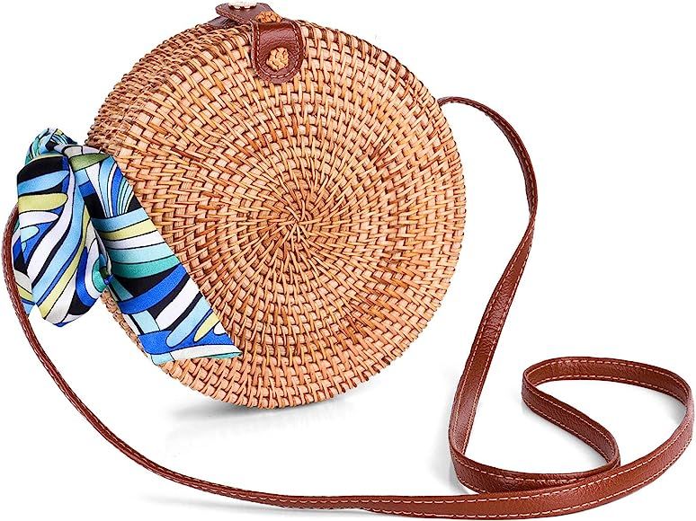 Round Rattan Bags, Handmade Bali Ata Straw Woven Circle Crossbody Handag for Women with Shoulder ... | Amazon (US)