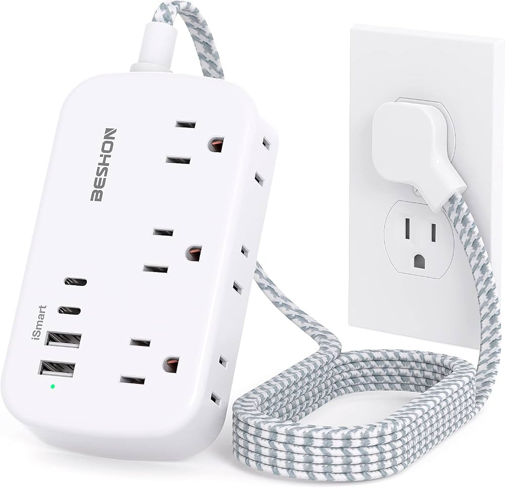 Flat Extension Cord, 5FT Flat Plug Power Strip with USB C, 6 Outlets 4 USB Port(2 USB C), No Surg... | Amazon (US)