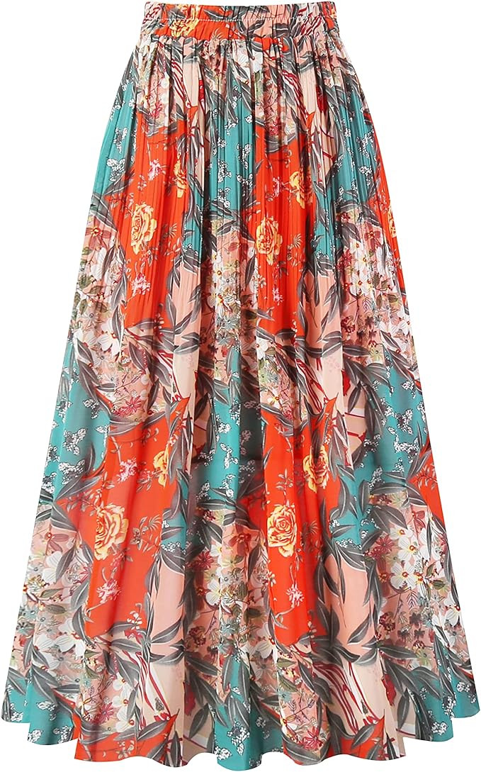 Kingfancy Women's Pleated Skirt Chiffon Elastic Waist A-Line Midi Length Skirt | Amazon (US)