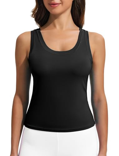 PINSPARK Workout Tops for Women Double Lined Athletic Shirts Scoop Neck Racerback Gym Tanks Sleev... | Amazon (US)