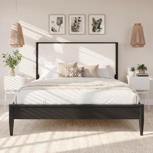 GEWOTMP Mid-Century Modern King Bed Frame with Boucle Upholstered Headboard, Platform Bedframe with Tapered Legs, Durable Slat Support, Solid Wood, No Box Spring Needed, Black | Amazon (US)