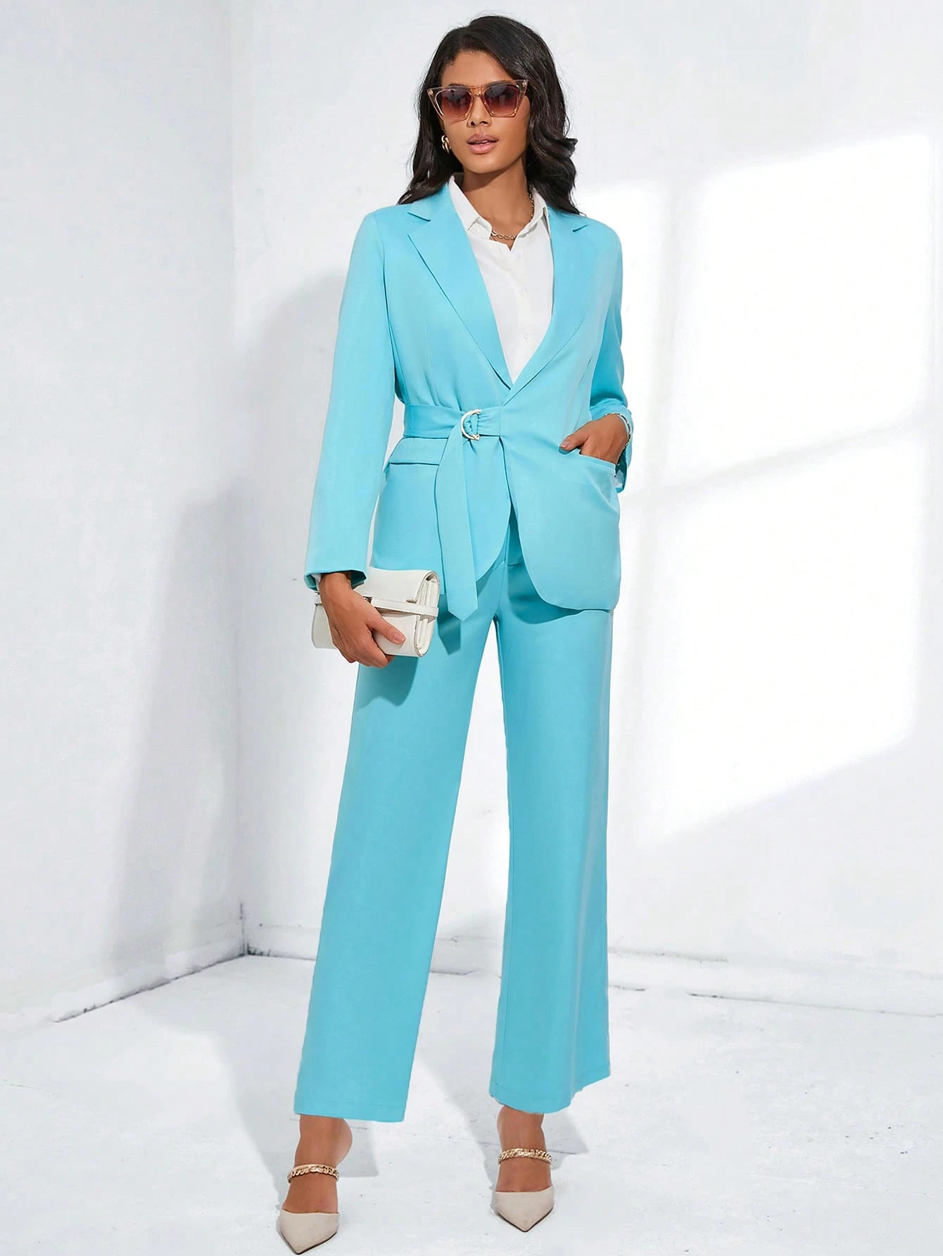 SHEIN BIZwear Solid Belted Blazer & Pants Workwear | SHEIN