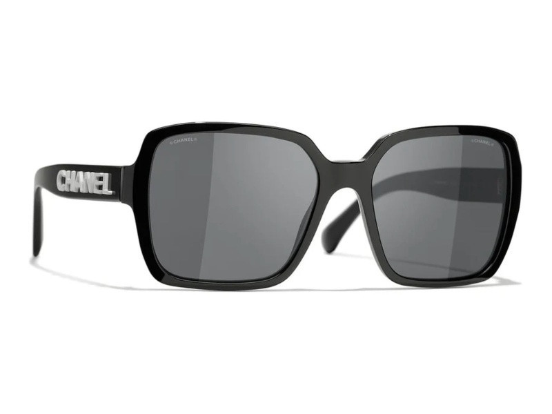 Chanel Square Black Frame Silver Tone Chanel Logo / Gray Lenses Sunglasses | JTV Jewelry