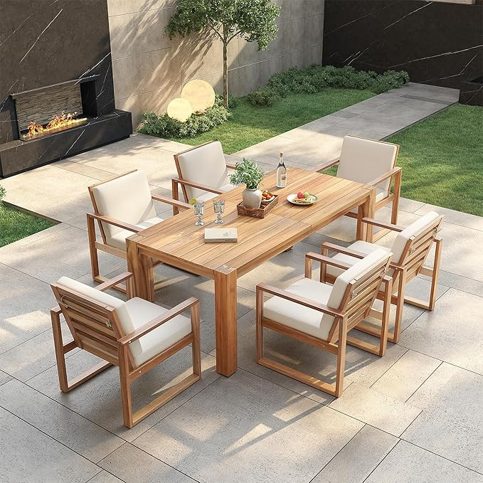 7 Piece Patio Dining Table Set with Umbrella Hole, Outdoor Acacia Wood Furniture Set with Removab... | Amazon (US)