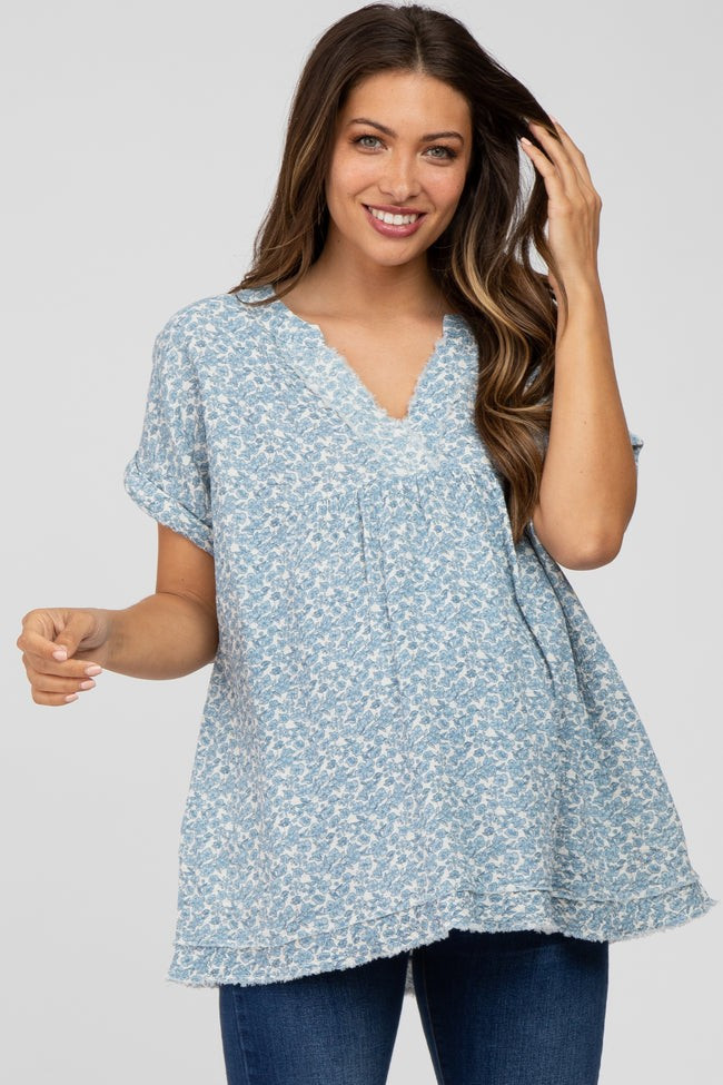 Blue Floral Raw Hem Cuffed Maternity Top | PinkBlush Maternity