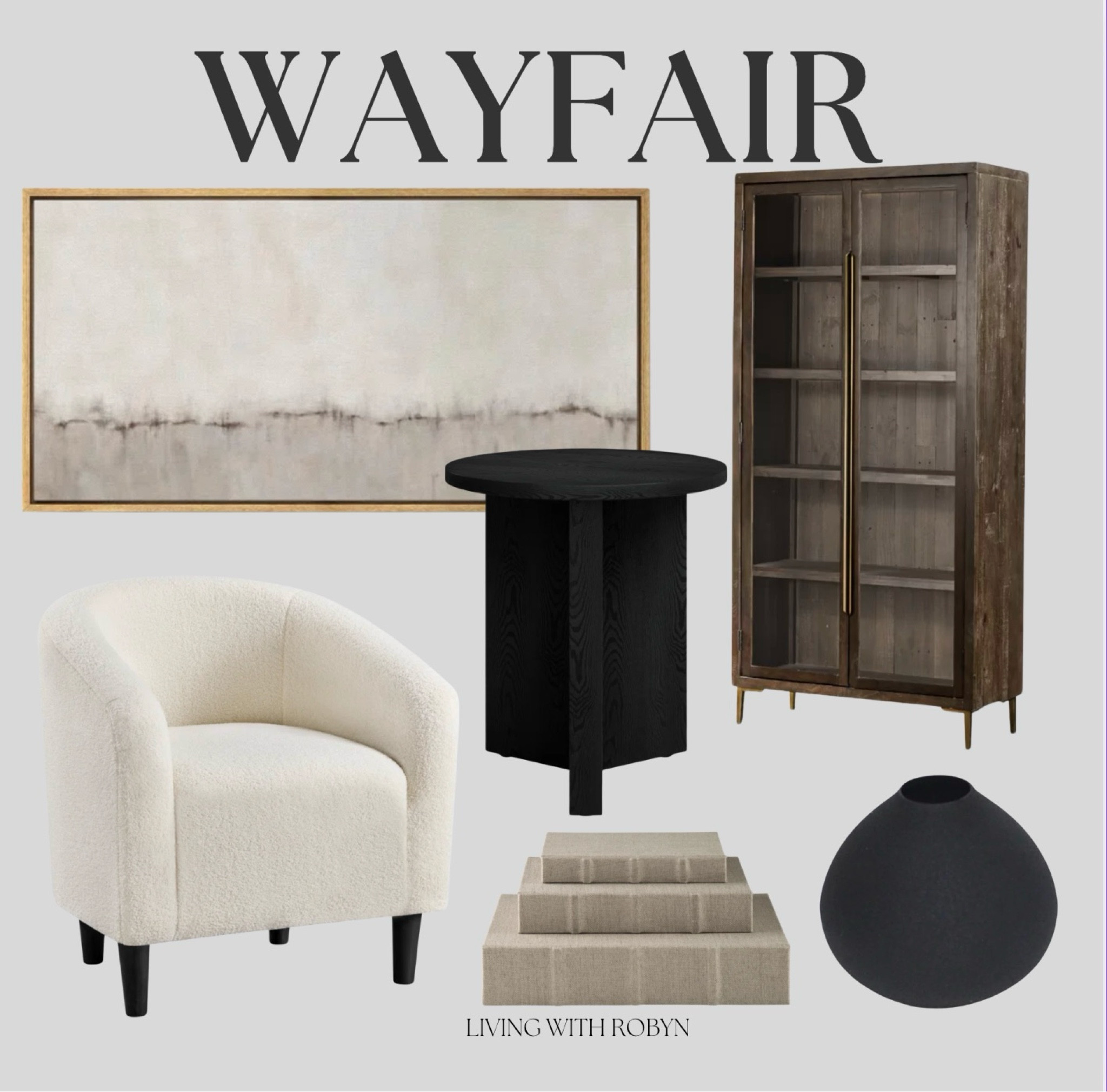 Wayfair Modern Home: Livjng Room, Family Room, Barrel Chair, Modern Cabinet, Wall Art, Linen Books, Modern Vessel, Black Vase, Side Table 
#wayfair #wayfairfinds #Wayfairpartner

#LTKHome #LTKFindsUnder100 #LTKStyleTip