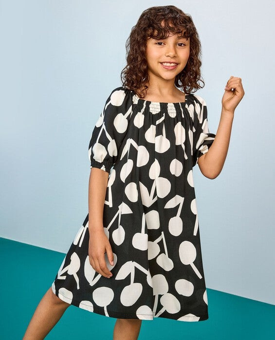 Girls' Ecru Cherries On Black Puff Sleeve Dress in 100% Lenzing™ Ecovero™ - Size Big Kids 8 by Hanna Andersson | Hanna Andersson