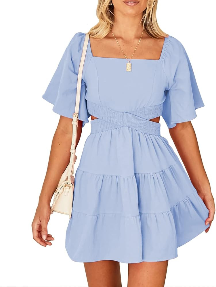 Senllen 2024 Summer Dresses Women's Sundress with Sleeves Square Neck Open Back Crossover Waist M... | Amazon (US)