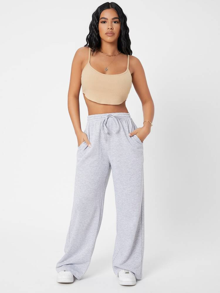 SHEIN PETITE Drawstring Waist Solid Joggers | SHEIN