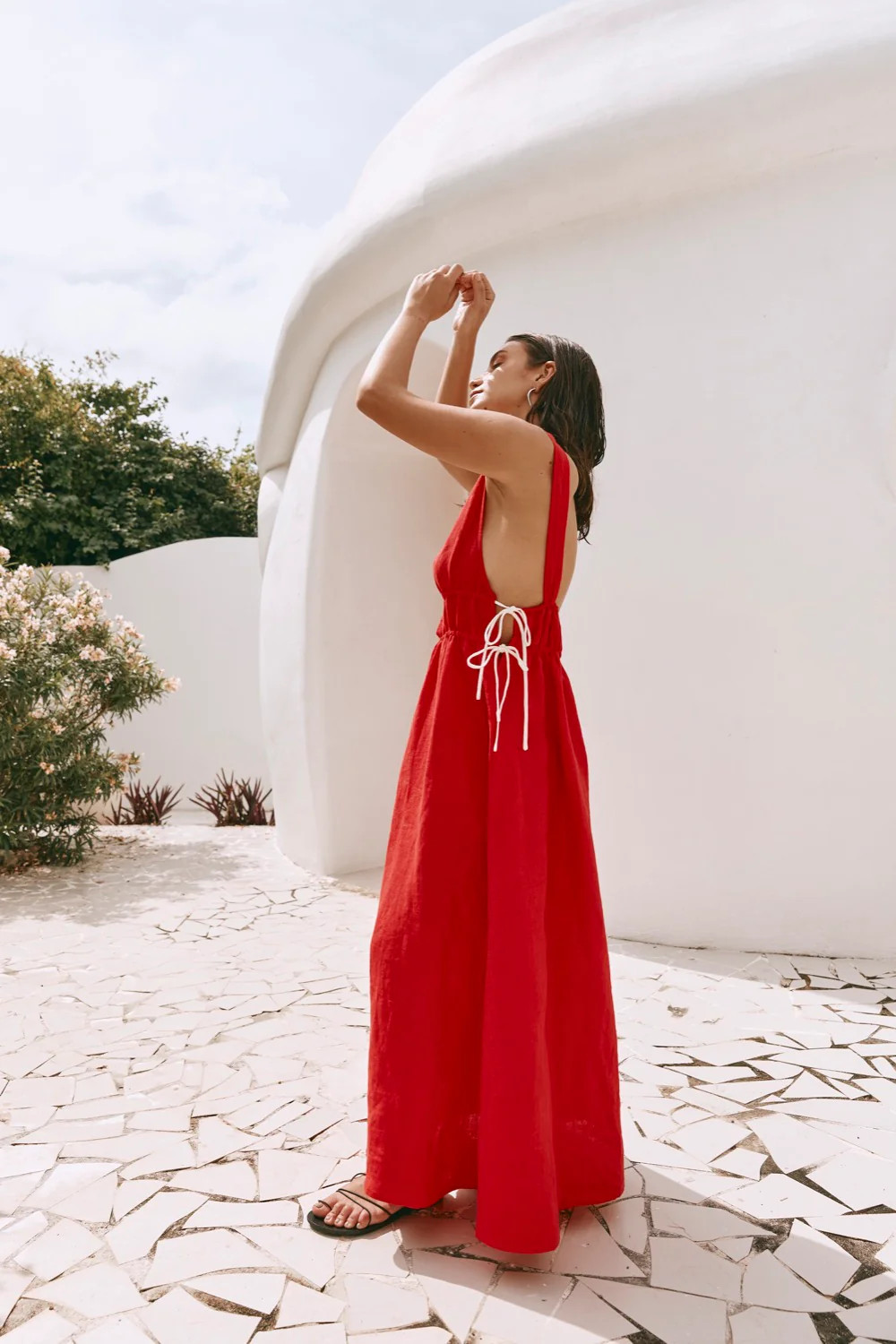 Paros Palms Linen Midi Dress Red | VRG Grl