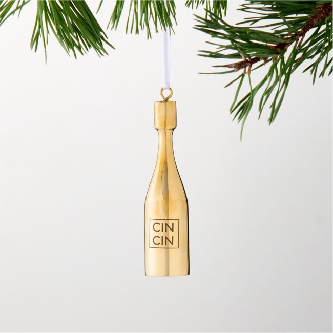 Unlacquered Brass Champagne Bottle Christmas Tree Ornament | CB2
