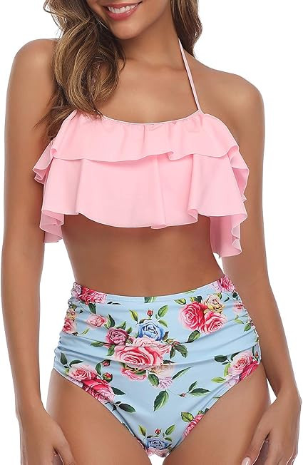 Tempt Me Women Two Piece Swimsuits High Waisted Bikini Teen Ruffle Tummy Control Bottoms Halter B... | Amazon (US)