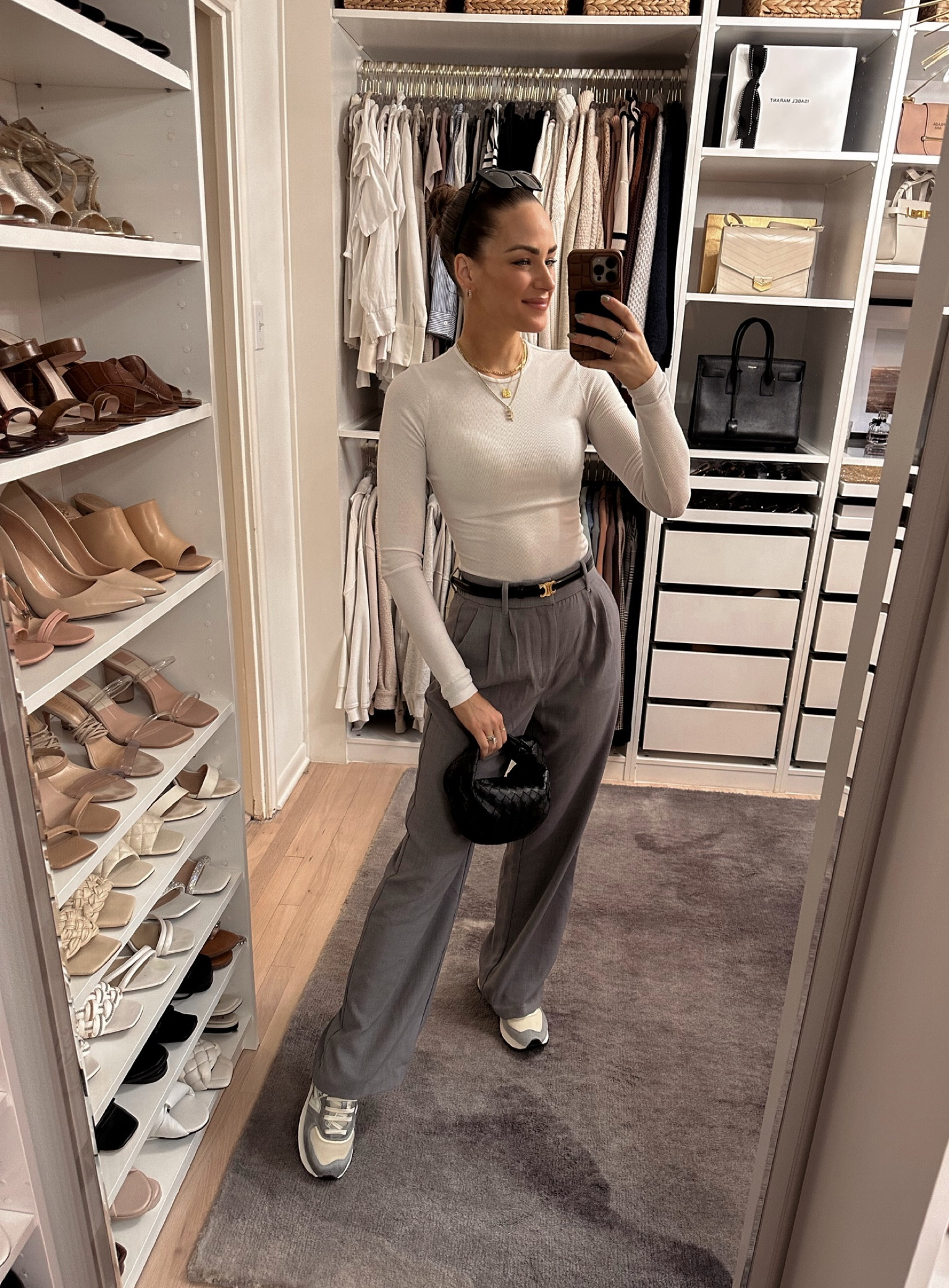 I love a classic never goes out of style look😍 the top comes in white & black & is under $50. Wearing a S in top & my true size in trousers. Sneakers fit TTS // Abercrombie, spring outfit, spring style, spring trends, spring fashion, neutral outfit